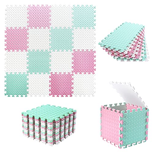 Tamiplay Foam Play Mat for Baby, 0.4 Inch Thicked Interlocking Floor Mats with Solid Colors, Squares Non-Toxic Baby Play Mat, EVA Foam Puzzle Floor Mats for Toddlers, 16 Tiles(White/Pink/Bean Green) by Tamiplay - Image 2