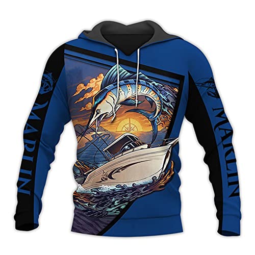 BBYOUTH 3D Print Bass Fishing Hoodies Colorful Ocean Hunting Shark Lover Long Sleeve Pullover with Kangaroo Pocket,Marlin,7XL