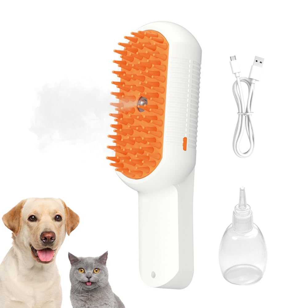 Pet Steam Brush, 1-Button Spray Cat Grooming Brush with Soft Silicone Bristles, Built-in Large Capacity Tank Pet Hair Removal