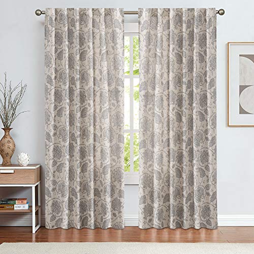 Jinchan Floral Scroll Linen Curtains 96 Inches Long Grey Window Curtains For Bedroom Rod Pocket Light Filtering Farmhouse Drapes For Living Room Vintage Printed Window Treatments Set 2 Panels #TOP18