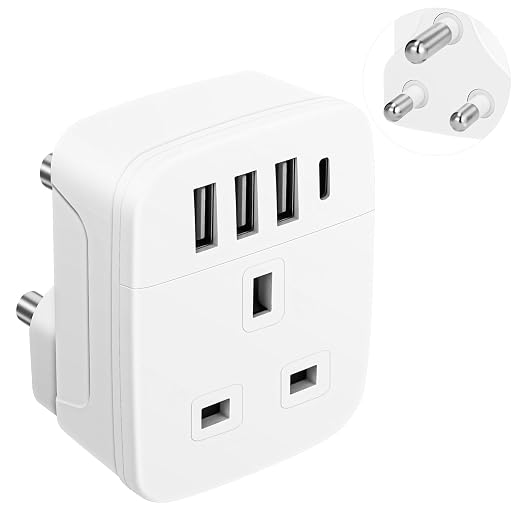 UK to South Africa Plug Adapter, Grounded Type M with 4 USB Ports