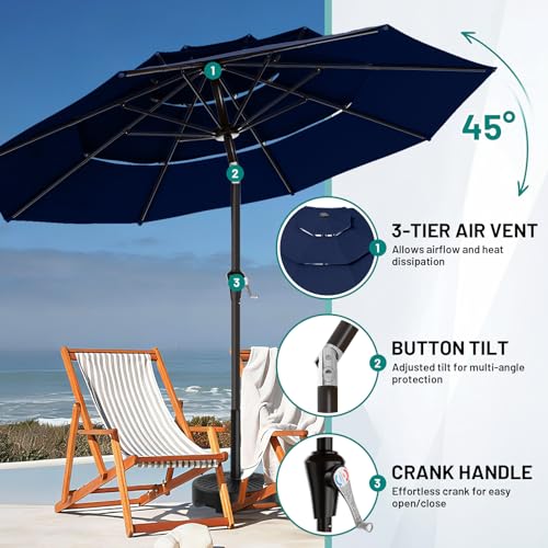 Image of AreShark 9ft 3-Tier Patio Umbrellas, Outdoor Umbrella with 8 Sturdy Ribs UV Protection Windproof, Market Table Umbrella w /Push Button Tilt & Crank for Pool, Porch, Deck, Garden(Navy)