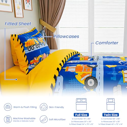 Image of SANDJEST Construction Bedding Sets for Boys, Ultra Soft Microfiber Comforter Bed Set with 3-Pieces, Comforters Sets for Kids Children Boy Bedroom Decor