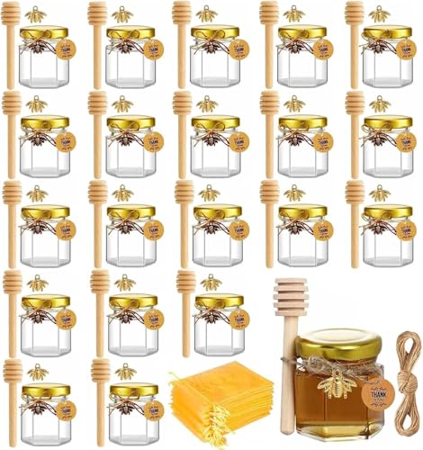 Juego de 20 tarros de miel, 45 ml, mini tarros de cristal para mermelada con cuchara de miel, colgante de abeja, tarjetas de agradecimiento, perfectos para baby shower, bodas, regalos de fiesta
