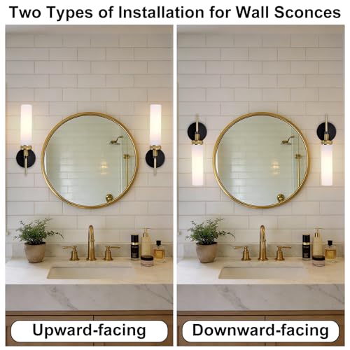 LaLuLa Wall Sconce Set of 2, Black and Gold Vanity Lights for Bathroom, Knurled Detail, Frosted Glass Cylinder Shade, E26 Base, Hardwired, Up or Down Mount, for Hallway, Bedroom, Living Room by LaLuLa - Used condition - Image 8