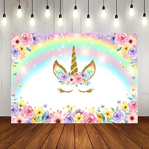Unicorn Rainbow Birthday Backdrop Magical Golden Unicorn Theme Baby Shower Photography Background Glitter Bubble Watercolor Floral Party Decorations Banner for Kids Birthday Photo Studio Props 7x5ft