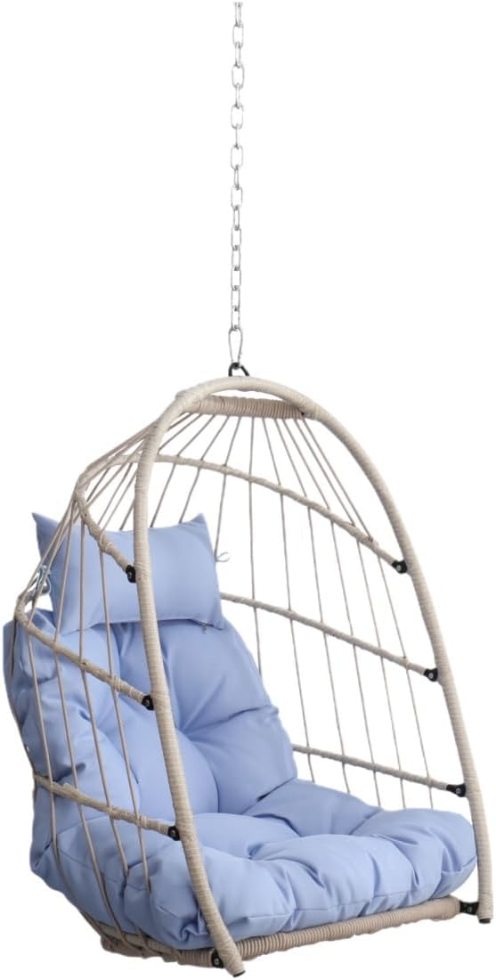 Outdoor Garden Rattan Egg Swing Chair Hanging Chair PE Hanging Chair with Stainless Steel Suspension Kit(Blue)