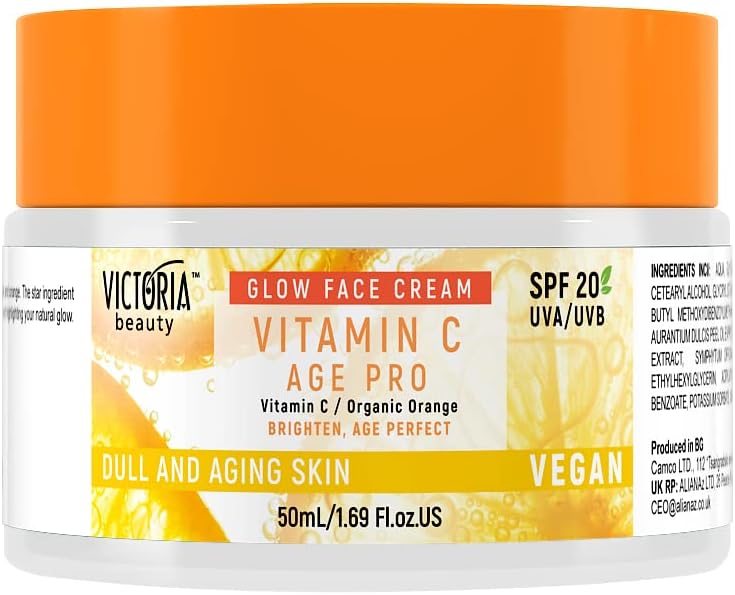 Victoria Beauty Vitamin C Cream with LSF20, Anti-Ageing Face Cream Against Wrinkles and Dark Circles, Lightening Day Cream with SPF20 for Women and Men, Vegan, Brightening Skincare, 50 ml
