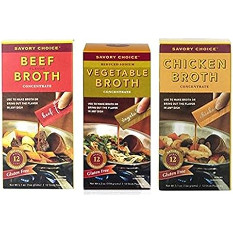 Savory Choice Variety Pack: Chicken Broth Concentrate 5.1 oz, Beef Broth Concentrate 5.1 oz, Vegetable Broth Concentrate 4.06 oz (1 of each) Cover