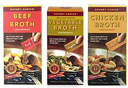 Savory Choice Variety Pack: Chicken Broth Concentrate 5.1 oz, Beef Broth Concentrate 5.1 oz, Vegetable Broth Concentrate 4.06 oz (1 of each)