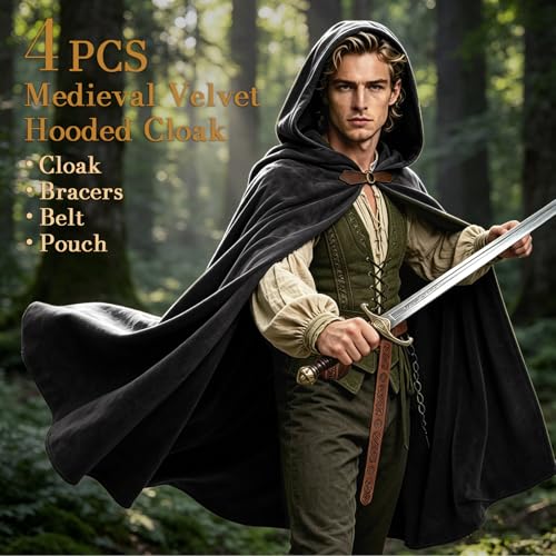 Image of Renaissance Hooded Cloak Set for Men Women Medieval Costume for Halloween