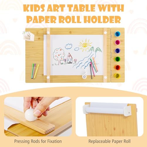 Image of GLACER Kids Table and Chair Set, 3 in 1 Wood Arts and Crafts Activity Table w /Paper Roller, Paint Cups & 6 Storage Bins, Children's Playroom Classroom Furniture, Toddler Table and Chair Set