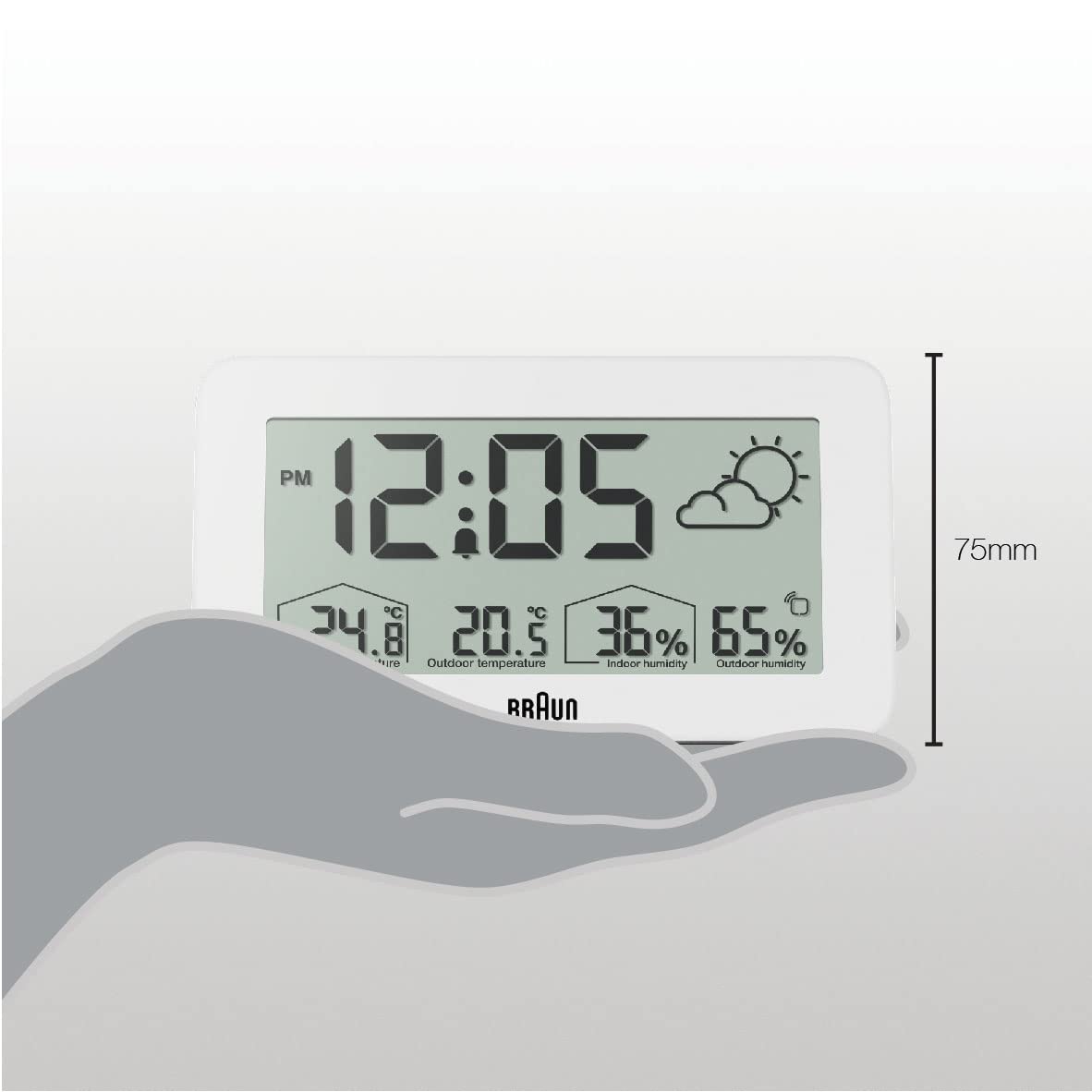 Braun Orologio digitale con stazione meteorologica temperatura e umidità interna ed esterna, previsioni, display LCD, impostazione rapida, allarme sonoro in crescendo, bianco, modello BC13WP.