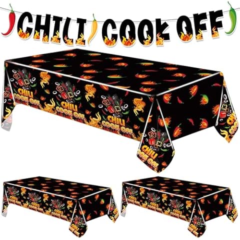 Iceyyyy 4 Pcs Black Chili Cook Off Table Decorations Set-108" x 54" Chili Pepper Flame Table Covers 33 Ft Cooking Chili Contest Banner-Disposable Chili Pepper Party Decorations for Party Supplies Cover