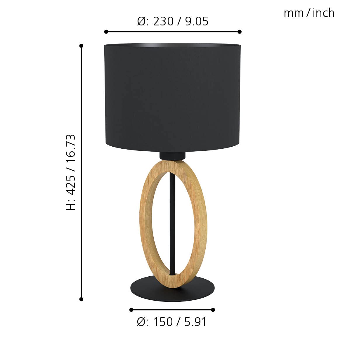 Eglo lampada da tavolo Basildon 1, lampada da tavolo minimalista, lampada | da comodino in legno, tessuto, metallo, lampada da soggiorno in natura, nero, lampada con interruttore, E27
