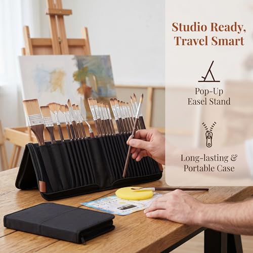 Image of 26pcs Paint Brush Set, Includes Flat, Filbert, Fan, Dagger, Cat Tongue, Round, Angle, Rigger & Palette Knife, Travel Paint Brushes for Acrylic Painting, Watercolor, Oil, Canvas, Face Painting