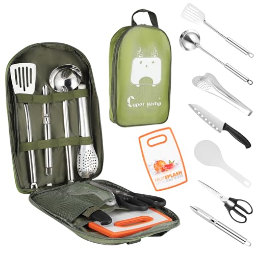 Juego de utensilios de cocina para camping, herramientas portátiles al aire libre, juego de cubiertos de cocina con cubiertos multifuncionales de acero inoxidable y bolsa de almacenamiento impermeable