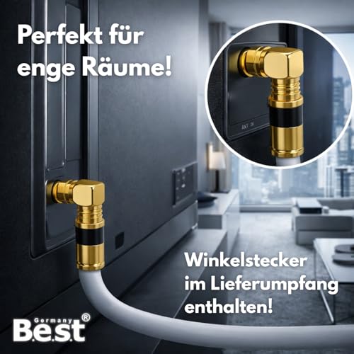 SAT Antennenkabel Koaxialkabel 135 dB Class A+ – Digital HDTV / 4K / 3D / UHD – vergoldet – 1× 90° Winkelstecker & 1x F-Verbinder inkl. – Satellitenkabel für Receiver, Router & Modem (3 Meter, Weiß)