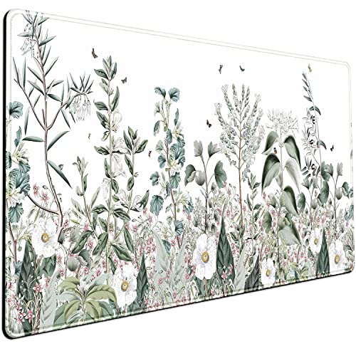 Grüne Schreibtischunterlage mit Blumen, weißes Mauspad, XXL, 80 x 39,9 cm, Schreibtischdekoration, Bürozubehör, XL-Mauspad für Damen, mit genähten Kanten, rutschfest, Laptop, Computer, Tastatur, Maus