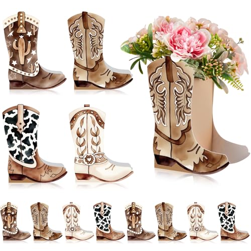 Image of 12 Set Western Boots Flower Boxes Centerpiece Boot Shape Gift Boxes Party Decoration Vase Centerpieces for Tables Boots Rodeo Birthday Baby Shower Supplies (Western,Cowboy Cow)