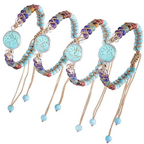 Tubmeelluwa 7 Chakra Crystal Tree Of Life Braided Stone Beads Bracelet Adjustable Strand Beaded Bracelet Bangle Double Layers, Blue Howlite Turquoise #TOP2