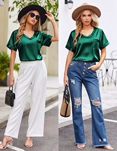 Image of Ekouaer Silk Pajama for Women Short Sleeve Satin Pj Set Two Piece Soft Sleepwear Loungewear S-XXL