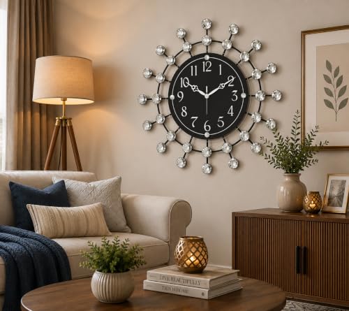 Image of CHRONIKLE Beautiful Floral Design Round Diamond Studded Home /Office Decor Analog Metal Wall Clock with Sweep Movement (Size: 36.5 x 5 x 36.5 CM | Color: Black | Weight: 805 grm)