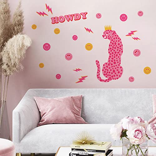 Yovkky Pink Cheetah Leopard Preppy Room Wall Decals Stickers, Hot Aesthetic Howdy Smile Face Lightning Sign Decor, Trendy Cow Girl Teen College Dorm Bedroom Home Decorations Art Party Supply Gifts #TOP4