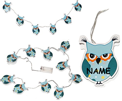 alles-meine.de GmbH 10 TLG. Lichterkette LED - lustige Eulen - Laterne mit Batterie - incl. Name - elektrisch kabellos INNEN - blau/türkis - batteriebetrieben Lampionkette ..