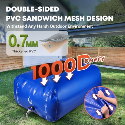 Image of LANUEVA 158 Gal /600L Portable Water Storage Bladder, 1000D PVC Foldable Water Tank with Spigots and Overflow Kit, Water Storage Containers for Emergency Water, RV, Irrigation&Camping (Blue, 600L)