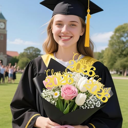 Image of Class of 2026 Decorations - 20 Pcs Gold Graduation Centerpieces for Tables, Double-Sided Gold Graduation Decorations 2026 with Grad Toppers for Bouquets