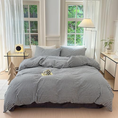 Image of LifeTB Black Gingham Comforter Full Size Boho Plaid Checkered Pattern Comforter Geometric Grid Plaid Printed Bedding Comforter Set with 2 Pillowcases Fluffy Bed Luxury Soft Gingham Bedding Set Full