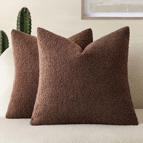 Image of Foindtower Pack of 2, Curly Faux Fur Decorative Throw Pillow Covers Soft Fuzzy Plush Cushion Case with Zipper Cozy Pillowcase for Home Living Room Couch Bed Sofa 22 x 22 Inch,Red Brown