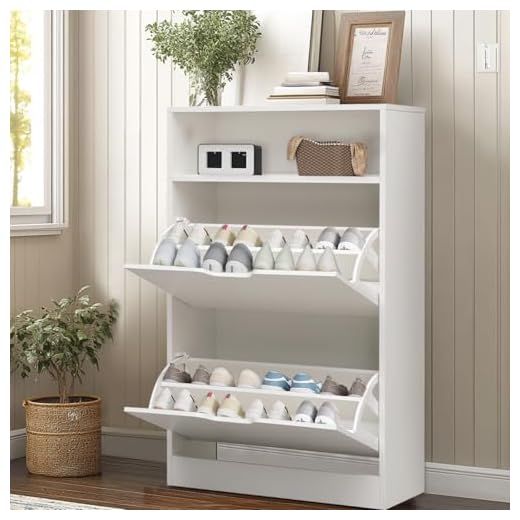KUMIUNION Shoe Cabinet, White Narrow Shoe Cabinet with 2 Flip Doors & Adjustable Shelf, Modern Shoe Storage Cabinet for Entryway, White