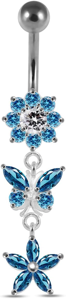 Stylish 2 Flower with Butterfly Dangling Design 925 Sterling Silver with Stainless Steel Belly Ring - Belly Button jewelry - Navel jewelry