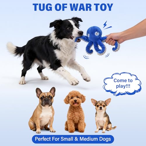 VOXGET Dog Octopus Squeaky Toys, Interactive Tug of War Doggie Toy with Crazy Crinkle for Pet Dogs Use Only, Stuffed Plush Octopus Toy for Puppies Keep Busy Reduce Boredom (Blue,4" x 4.8") — view 4