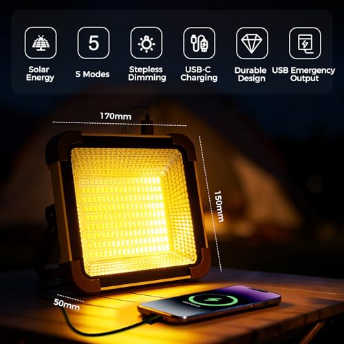 Solavn Led Work Light Rechargeable USB-C, Portable Camping & Emergency Light, IP65 Waterproof, Solar Charging, 5 Modes Stepless Dimming, 180° Handle With Hook, 500 Lm, 180 Leds — Khaki - 6