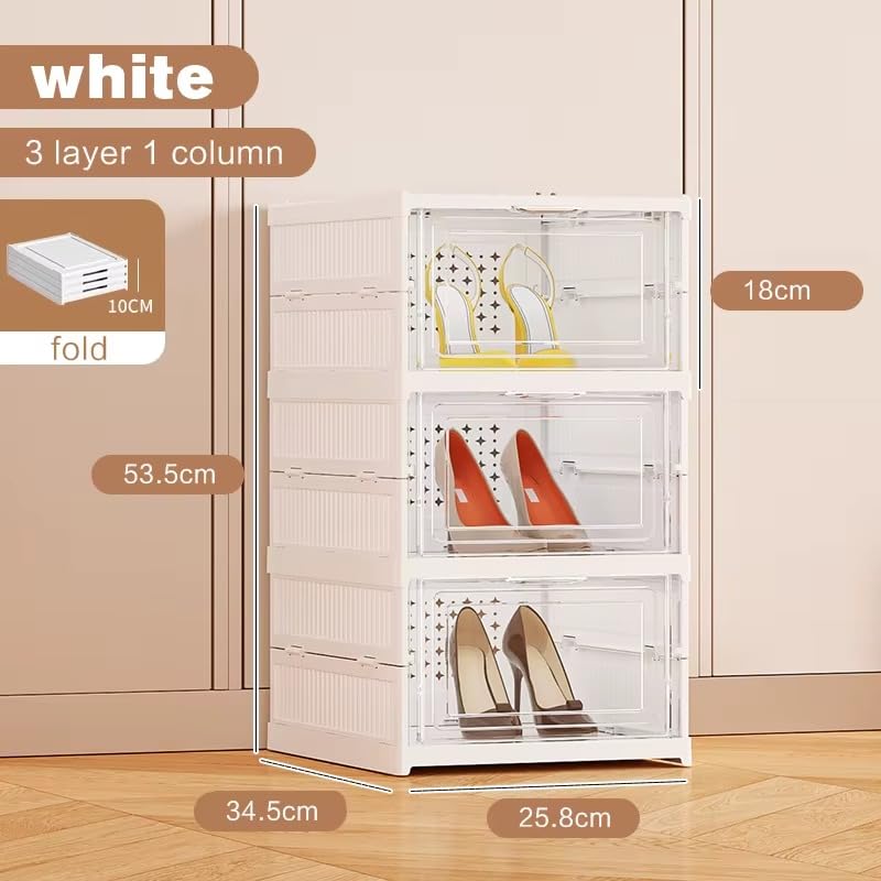 Image of JD FRESH 3 Tier Plastic Shoe Storage Organizer /Foldable Shoe Storage Box with Door /Breathable Multi-Layer Shoe Holder /Space Saving and Installation Free Shoe Storage Rack for Heels, Boots & Sneakers