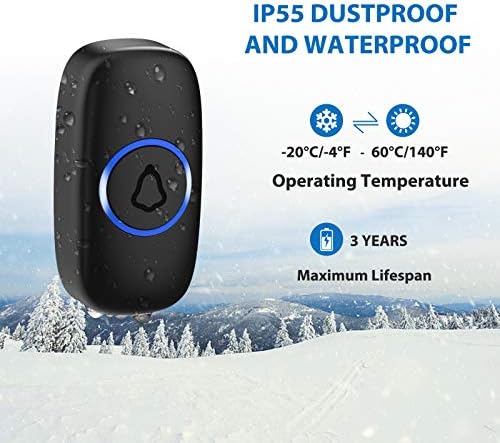 Wireless Doorbell, Waterproof Door Bells Kit Plug in LED Receiver 300M Long Range Door Entry Bell Cordless Loudly Operating with 5 Level Volume,32 Chimes,Battery Included,Black