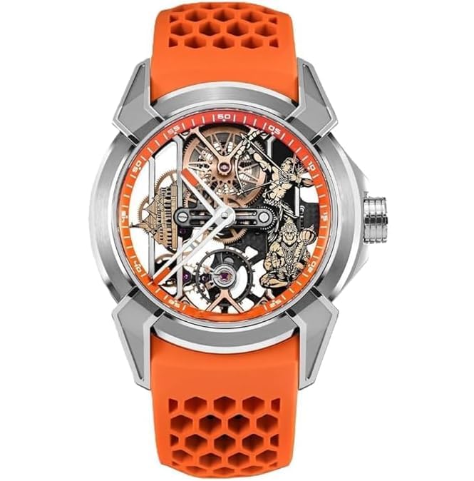 Image of Luxury full Automatic Shree Ram Edition Watch for Men Heavy Open Machine Design with Orange Straps, Shri Ram ji & Hanuman ji Artwork, Ayodhya Mandir Dial | Premium Wrist watch 41mm Bezel [5 Year warranty]