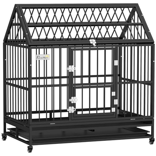 PawHut 48" Heavy Duty Dog Crate, Indoor Outdoor Dog Cage on Wheels with Locks, Removable Tray, Openable Top, 2 Doors, for Large and Extra Large Breed - Black