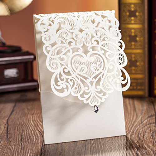 Hosmsua 50Pcs White Wedding Invitations Kit 5 X 7.3 Inch Laser Cut Hollow Rose Rhinestone Pocket With Envelope For Quinceanera Bridal Shower Invite (White Ivory) #TOP1