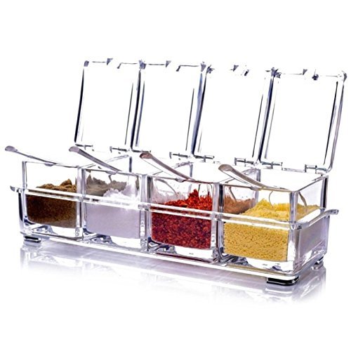 MOHAK Crystal Seasoning Acrylic Box Pepper Salt Spice Rack Plastic 4 Box with Spoons Kitchen See Through Storage Containers Cooking Tools