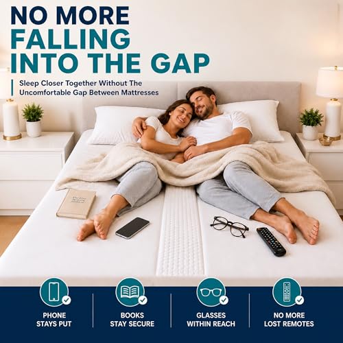 Image of 3-in-1 Split King Gap Filler with Built-in Fitted Sheet, Twin to King Converter, Bed Bridge with Washable Cover, One Size Fits to Twin & Twin XL to King, White, Sheet Strap Set Bonus