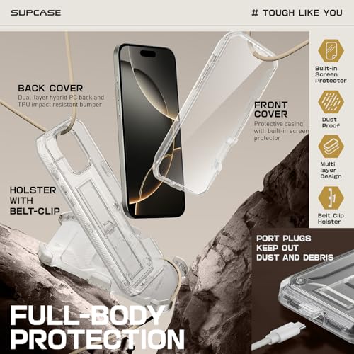 Image of SUPCASE for iPhone 16 Pro Case with Screen Protector & Kickstand, Clear | Detachable Belt Clip, Military-Grade Protection, Full Body Heavy Duty Phone Case for iPhone 16 Pro 6.3'', Unicorn Beetle Pro