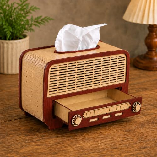 Image of Retro Radio Wooden Tissue Box with Storage Drawer Decorative MDF Tissue Holder for Home & Office