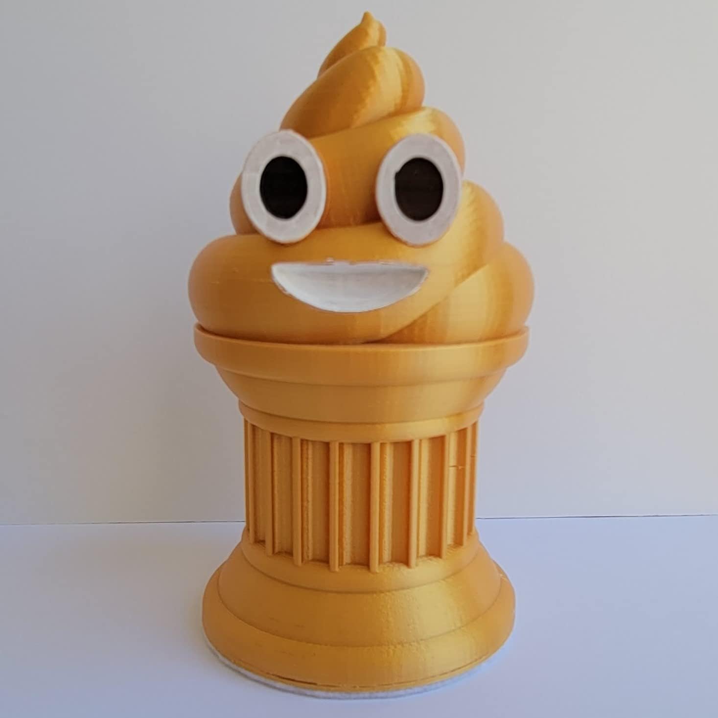 Znet3D Poop Emoji Trophy - 6" inches Tall - Featuring a Solid Poop Emoji on a Pillar w/Painted Eyes and Mouth - Perfect Award or Gift - Handmade w/Additive Manufacturing (Silk Gold)