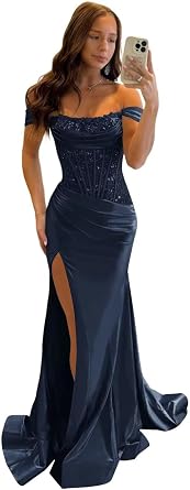 Off Shoulder Prom Dresses Lace Applique Evening Dress with Slit Sequin Satin Formal Party Gown