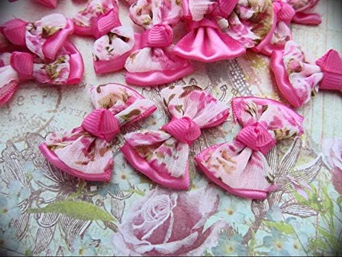30 cintas prefabricadas de satén rosa fucsia/floral de doble capa con encaje bordado, tela delicada para manualidades, suministros de manualidades