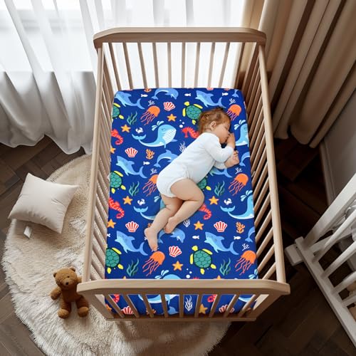 Image of JISEN Baby Crib Sheets Soft Breathable Fitted Crib Sheets Baby Sheet for Standard Crib and Toddler Mattress Bed Sheets for Crib for Boys Girls Neutral 52x28 Inch Whales